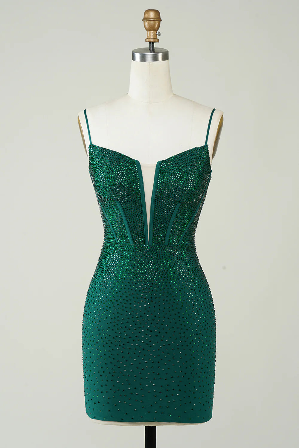 Sparkly Bodycon Spaghetti Straps Dark Green Short Homecoming Dress with Beading