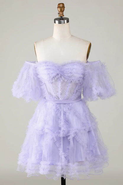 Stylish A Line Off the Shoulder Purple Tulle Corset Homecoming Dress