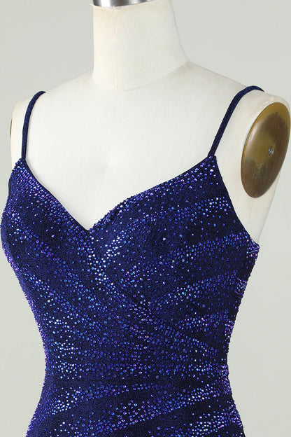 Sparkly Sheath Spaghetti Straps Royal Blue Short Homecoming Dress with Beading