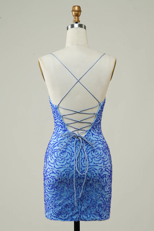 Spaghetti Straps Blue Tight Glitter Homecoming Dress with Beaded