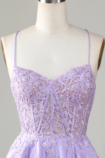 Purple Corset A-Line Satin Short Homecoming Dress with Lace