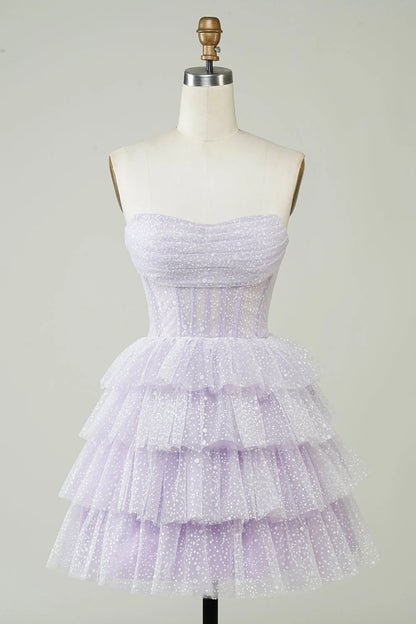 Sparkly Light Purple Strapless Corset Polka Dots Tiered Cute Homecoing Dress