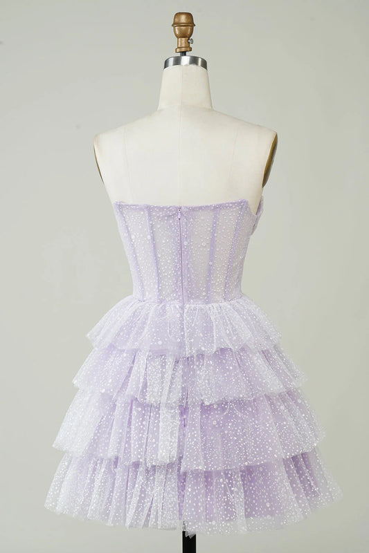 Sparkly Light Purple Strapless Corset Polka Dots Tiered Cute Homecoing Dress