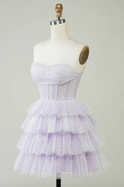 Sparkly Light Purple Strapless Corset Polka Dots Tiered Cute Homecoing Dress