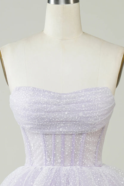 Sparkly Light Purple Strapless Corset Polka Dots Tiered Cute Homecoing Dress