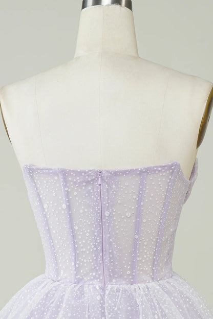 Sparkly Light Purple Strapless Corset Polka Dots Tiered Cute Homecoing Dress