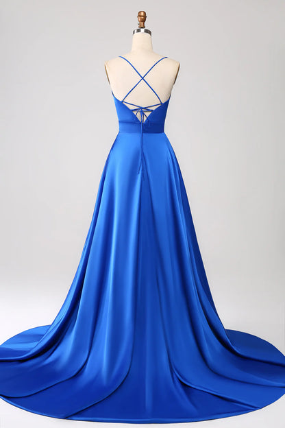 Royal Blue A Line Spaghetti Straps Satin Prom Dress with Slit