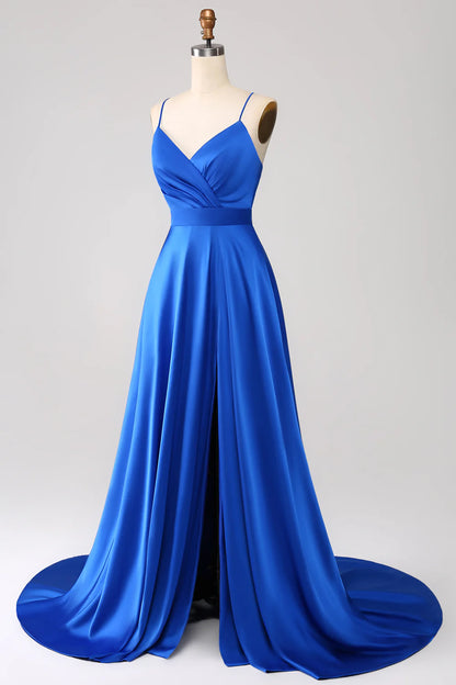 Royal Blue A Line Spaghetti Straps Satin Prom Dress with Slit