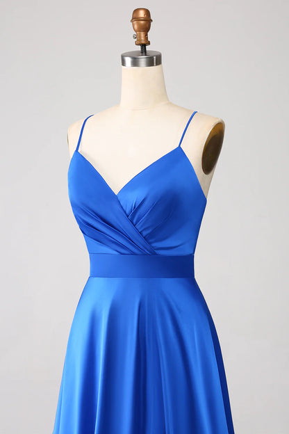 Royal Blue A Line Spaghetti Straps Satin Prom Dress with Slit