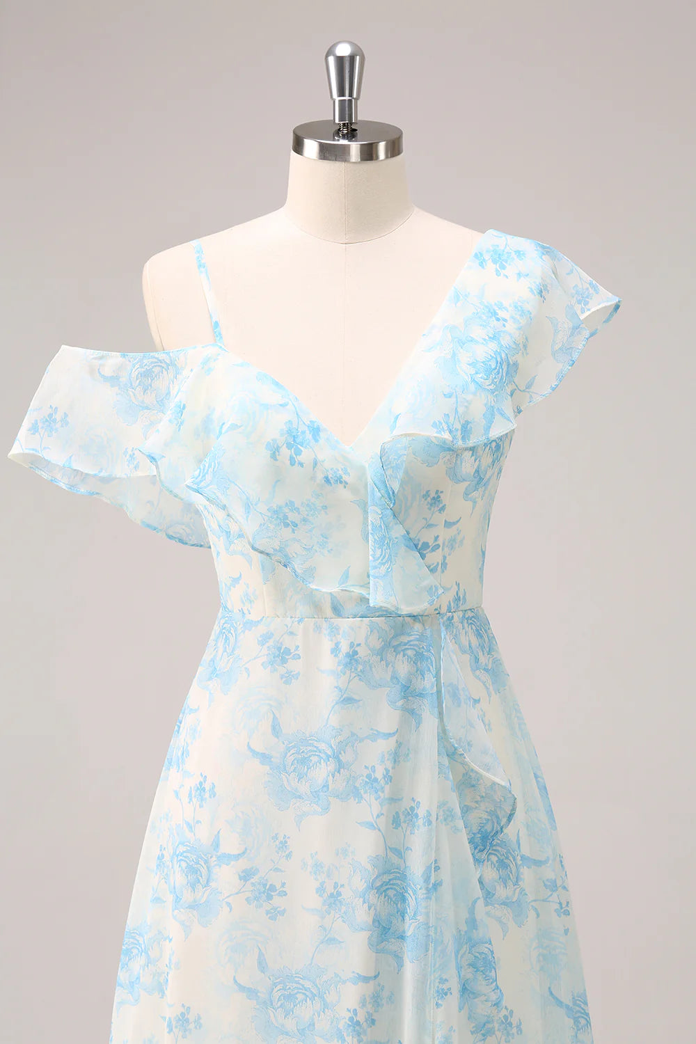 Stylish A-Line White Blue Flower Chiffon Bridesmaid Dress with Slit