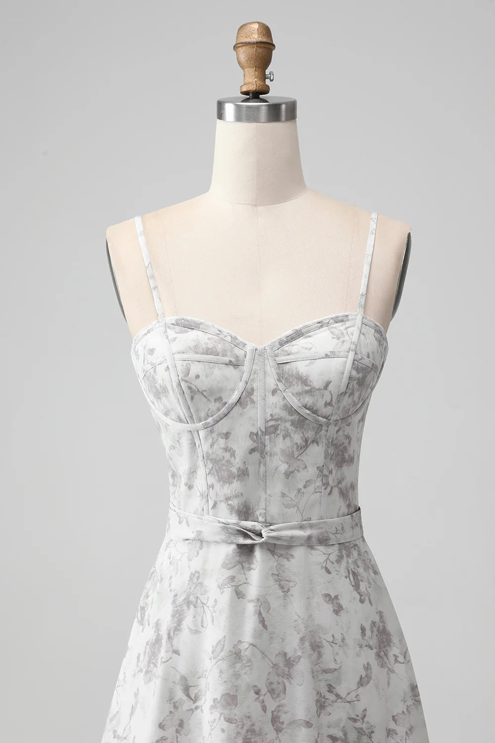 White Brown Flower Spaghetti Straps A Line Bridesmaid Dress With Ruffles