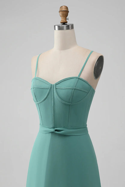 Grey Green Spaghetti Straps A Line Bridesmaid Dress with Ruffles