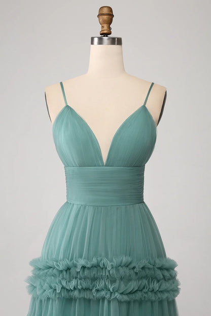 Green A Line Spaghetti Straps Tulle Long Prom Dress with Ruffles