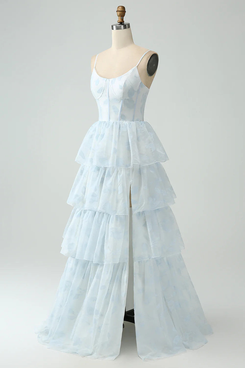 Light Blue A Line Tiered Corset Ruffled Bridesmaid Dress With Slit