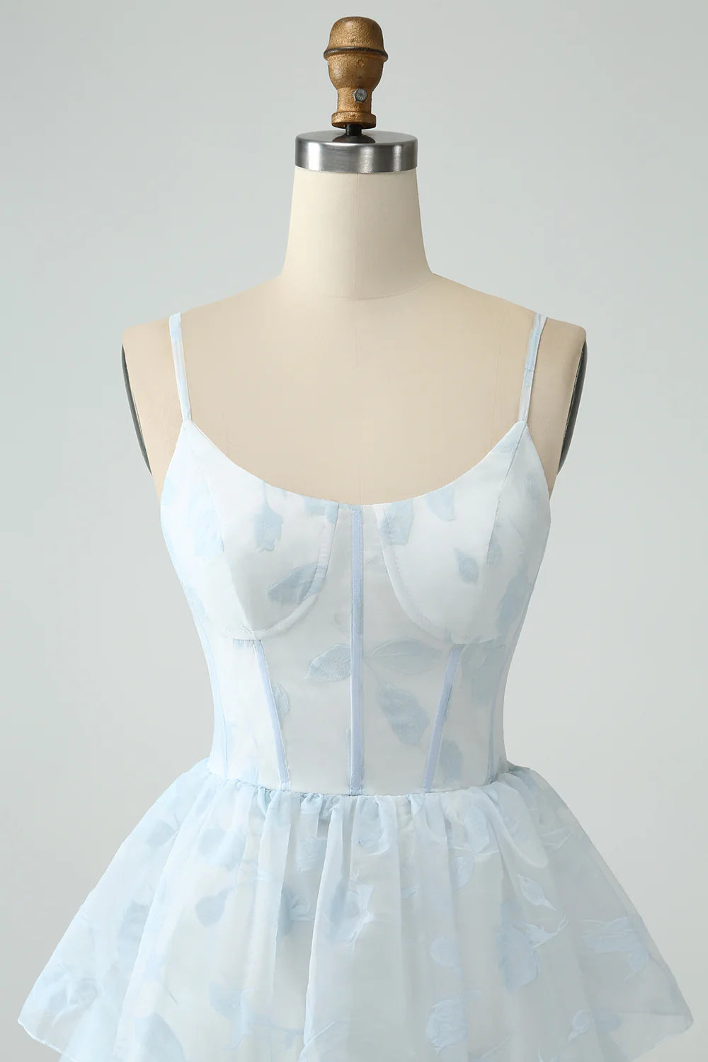 Light Blue A Line Tiered Corset Ruffled Bridesmaid Dress With Slit