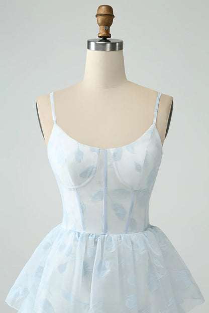 Light Blue A Line Tiered Corset Ruffled Bridesmaid Dress With Slit