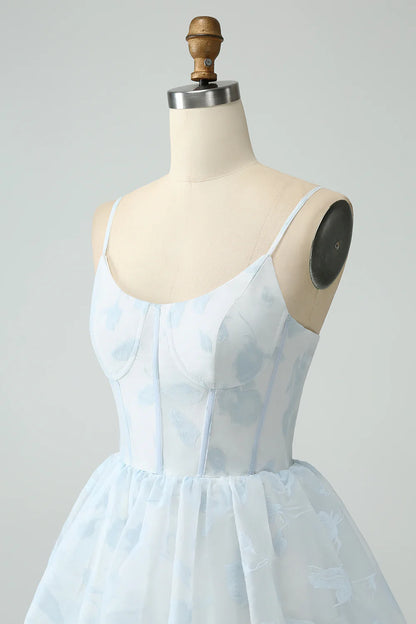 Light Blue A Line Tiered Corset Ruffled Bridesmaid Dress With Slit