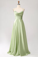 Dusty Sage A Line Cowl Neck Satin Long Prom Dress with Pleated