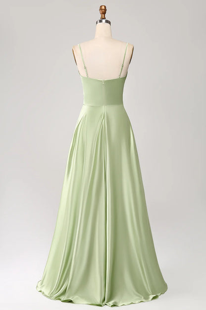 Dusty Sage A Line Cowl Neck Satin Long Prom Dress with Pleated