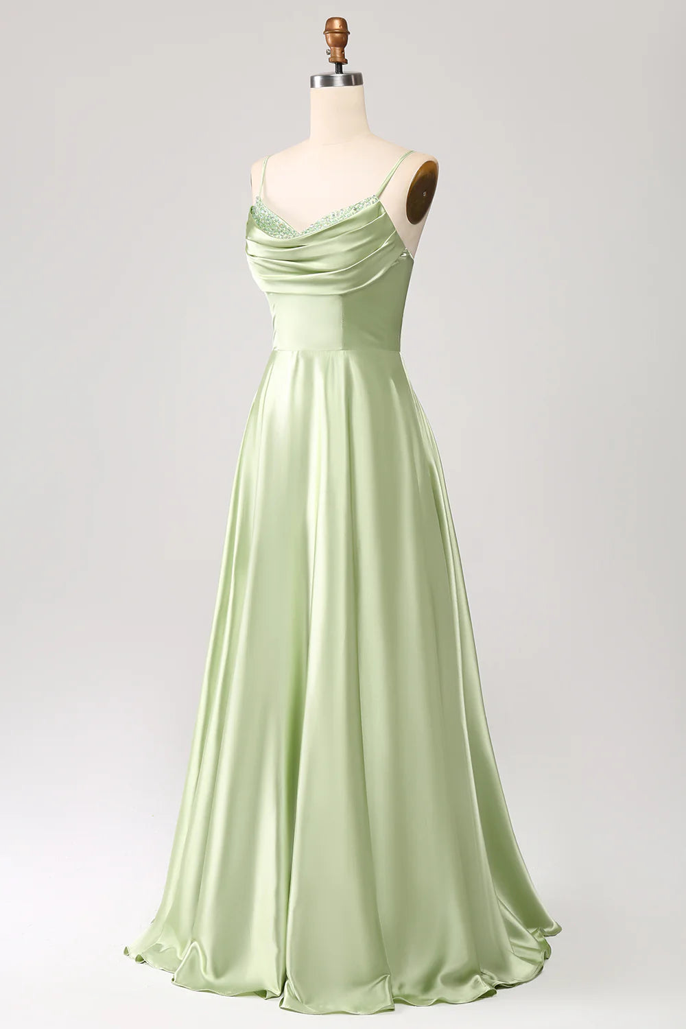 Dusty Sage A Line Cowl Neck Satin Long Prom Dress with Pleated