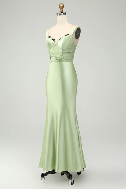 Green Satin Mermaid Long Bridesmaid Dress with Eyelash Lace