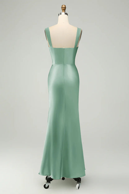 Green Satin Mermaid Long Bridesmaid Dress with Eyelash Lace