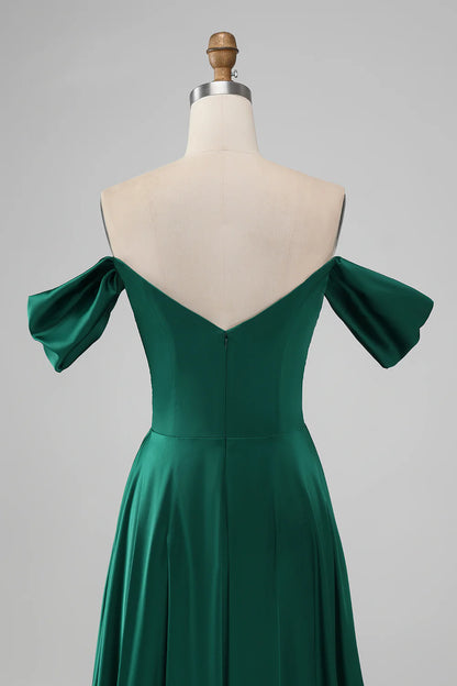 Dark Green Off the Shouder A Line Satin Long Bridesmaid Dress