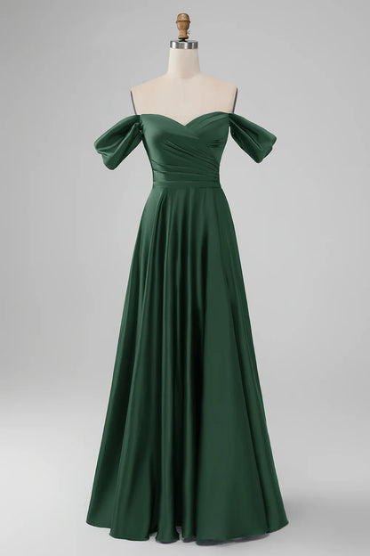 Dark Green Off the Shouder A Line Satin Long Bridesmaid Dress