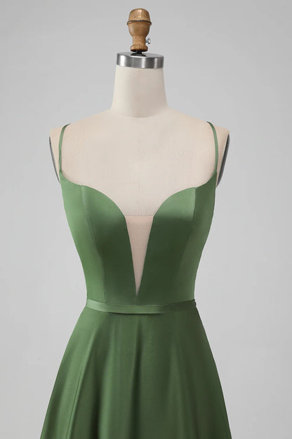 Green Satin V Neck A-line Long Bridesmaid Dress