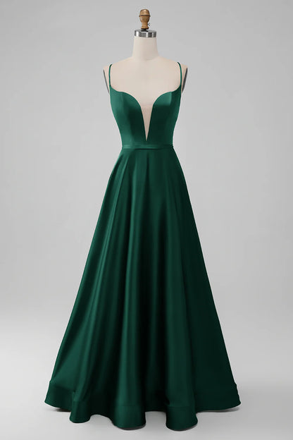 Green Satin V Neck A-line Long Bridesmaid Dress