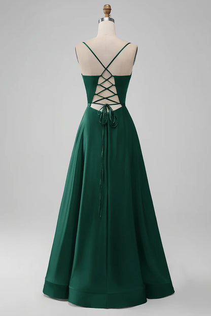 Green Satin V Neck A-line Long Bridesmaid Dress