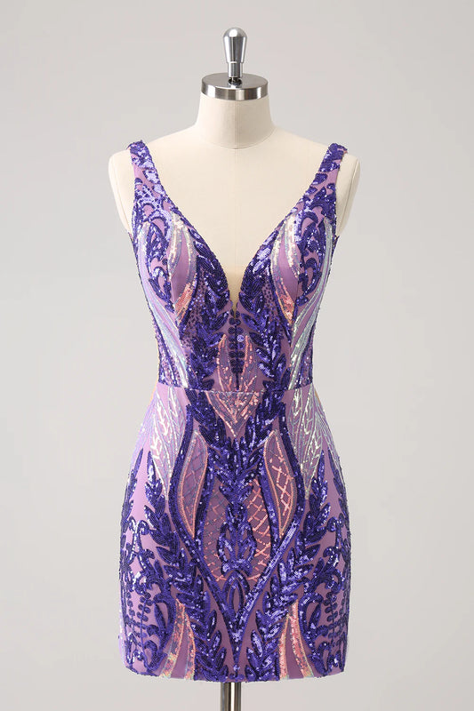 Sparkly Dark Purple Sequined Tight V Neck Homecoming Dress