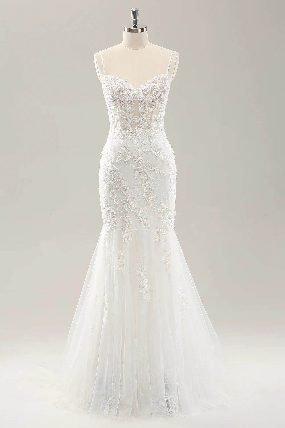 White Mermaid Corset Tulle Wedding Dress with Applique Lace