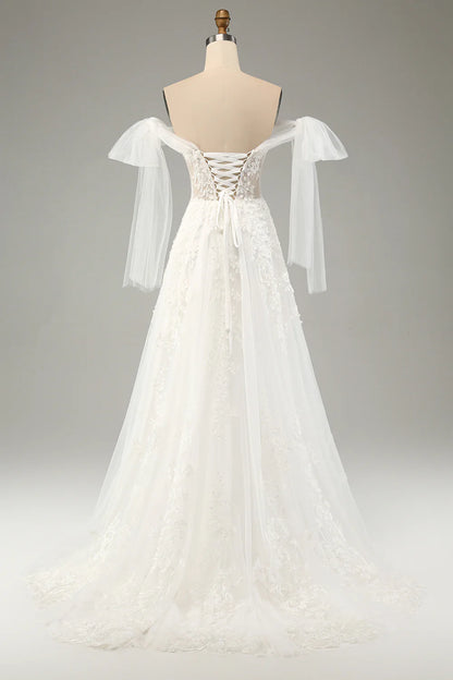 Princess White A-Line Lace Up Tulle Corset Wedding Dress with Appliques Lace