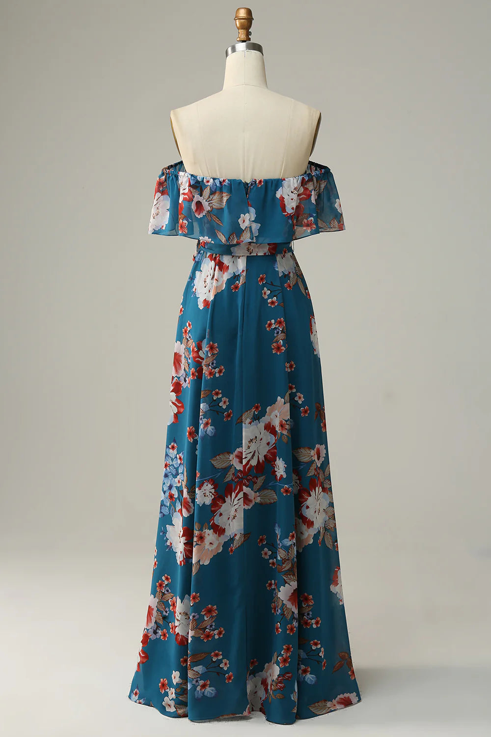 Dark Blue Floral Boho Chiffon Long Bridesmaid Dress