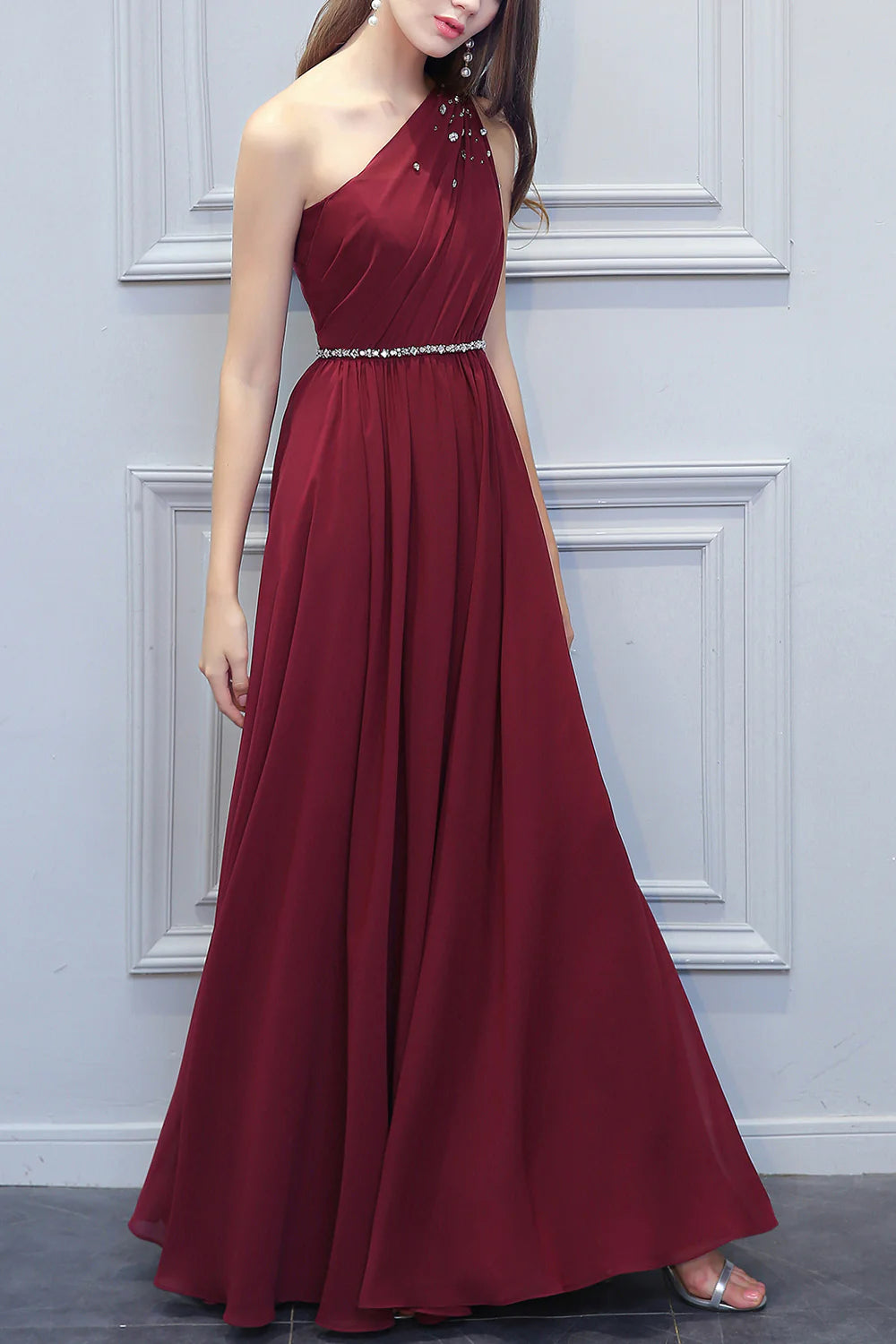 One Shoulder Long Chiffon Bridesmaid Dress With Beading