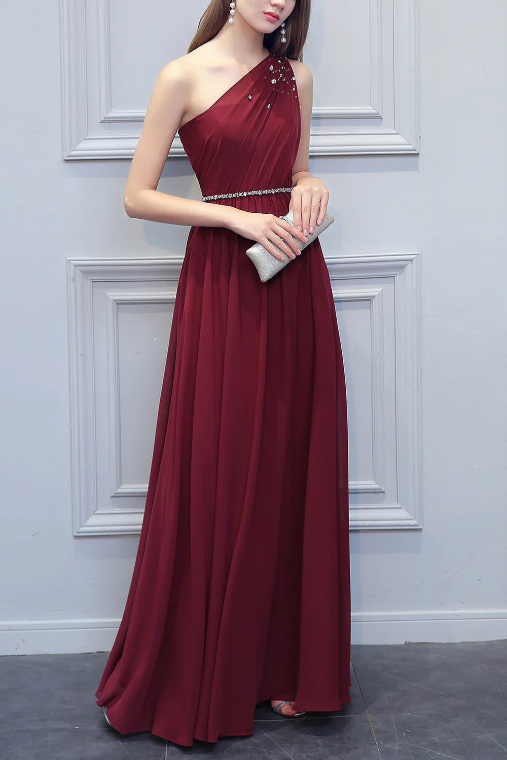 One Shoulder Long Chiffon Bridesmaid Dress With Beading