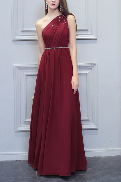 One Shoulder Long Chiffon Bridesmaid Dress With Beading