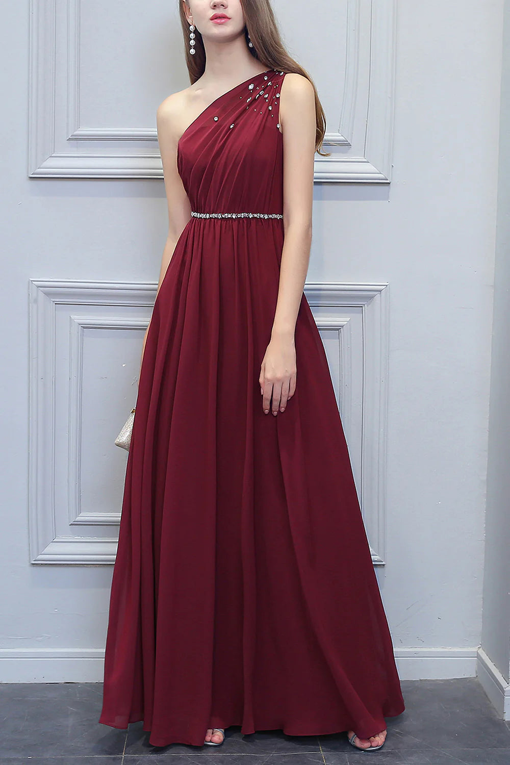 One Shoulder Long Chiffon Bridesmaid Dress With Beading