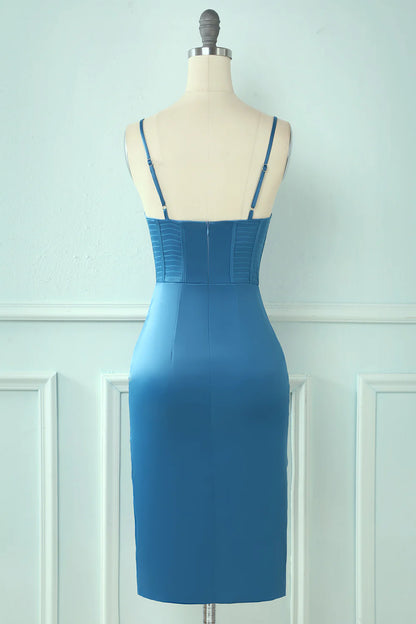 Blue Spaghetti Straps Tight Hoco Dress