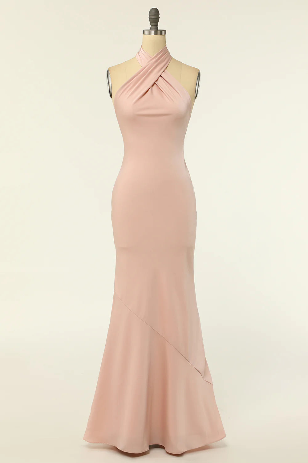 Mermaid Halter Blush Long Bridesmaid Dress with Backless