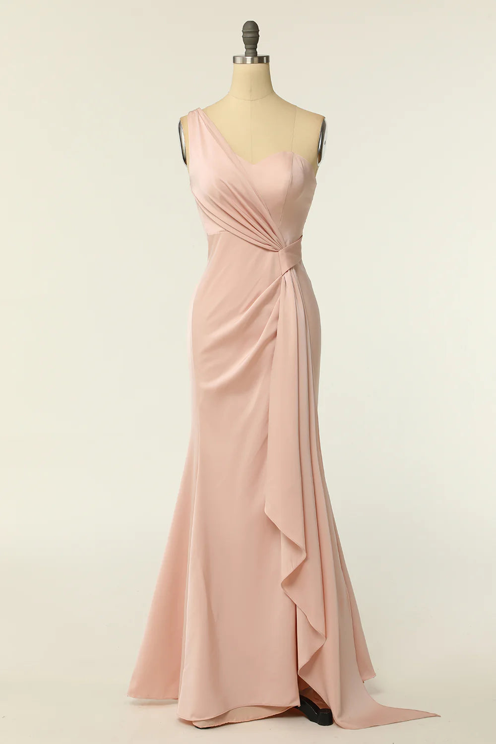 Mermaid One Shoulder Blush Long Bridesmaid Dress with Ruffles