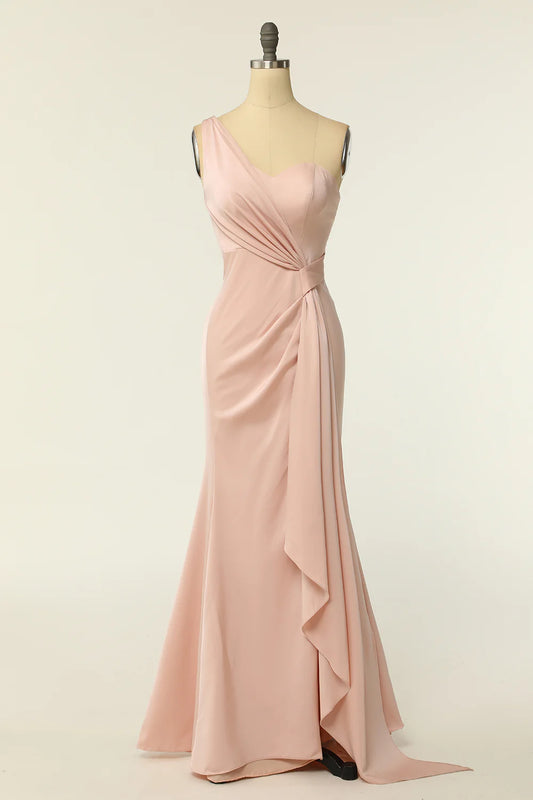 Mermaid One Shoulder Blush Long Bridesmaid Dress with Ruffles