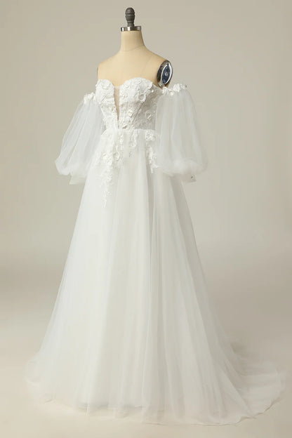 A Line Off the Shoulder Ivory Bridal Dress with Long Sleeves