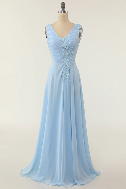 V-neck Blue Bridesmaid Dress with Ruffle