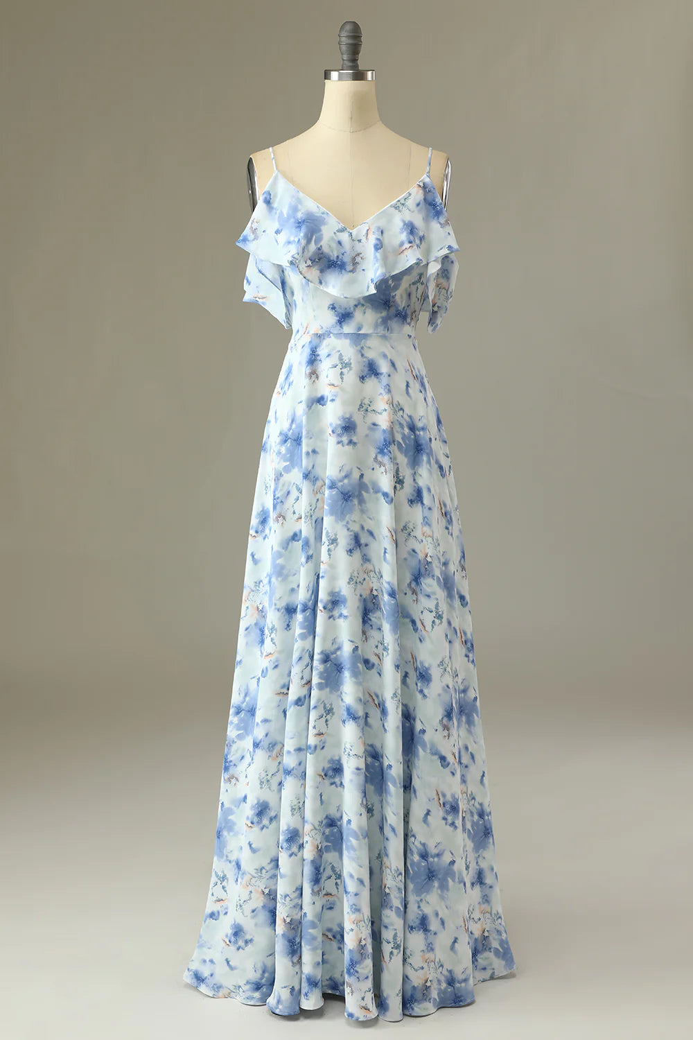 A Line Off the Shoulder Blue Floral Print Long Bridesmaid Dress