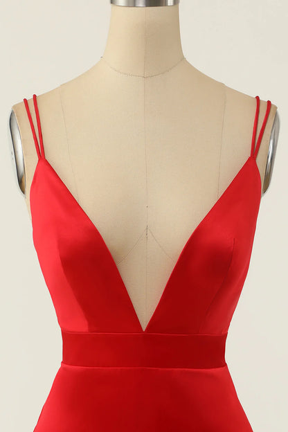 Red Satin V-neck Cocktail Dress