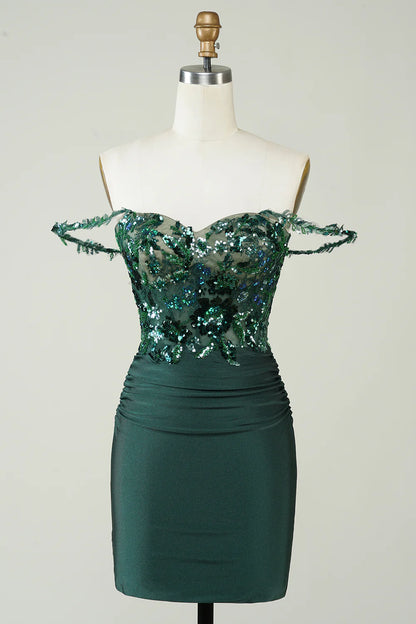 Unique Sheath Off the Shoulder Dark Green Short Homecoming Dress with Appliques