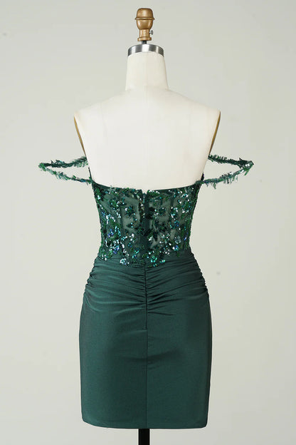 Unique Sheath Off the Shoulder Dark Green Short Homecoming Dress with Appliques