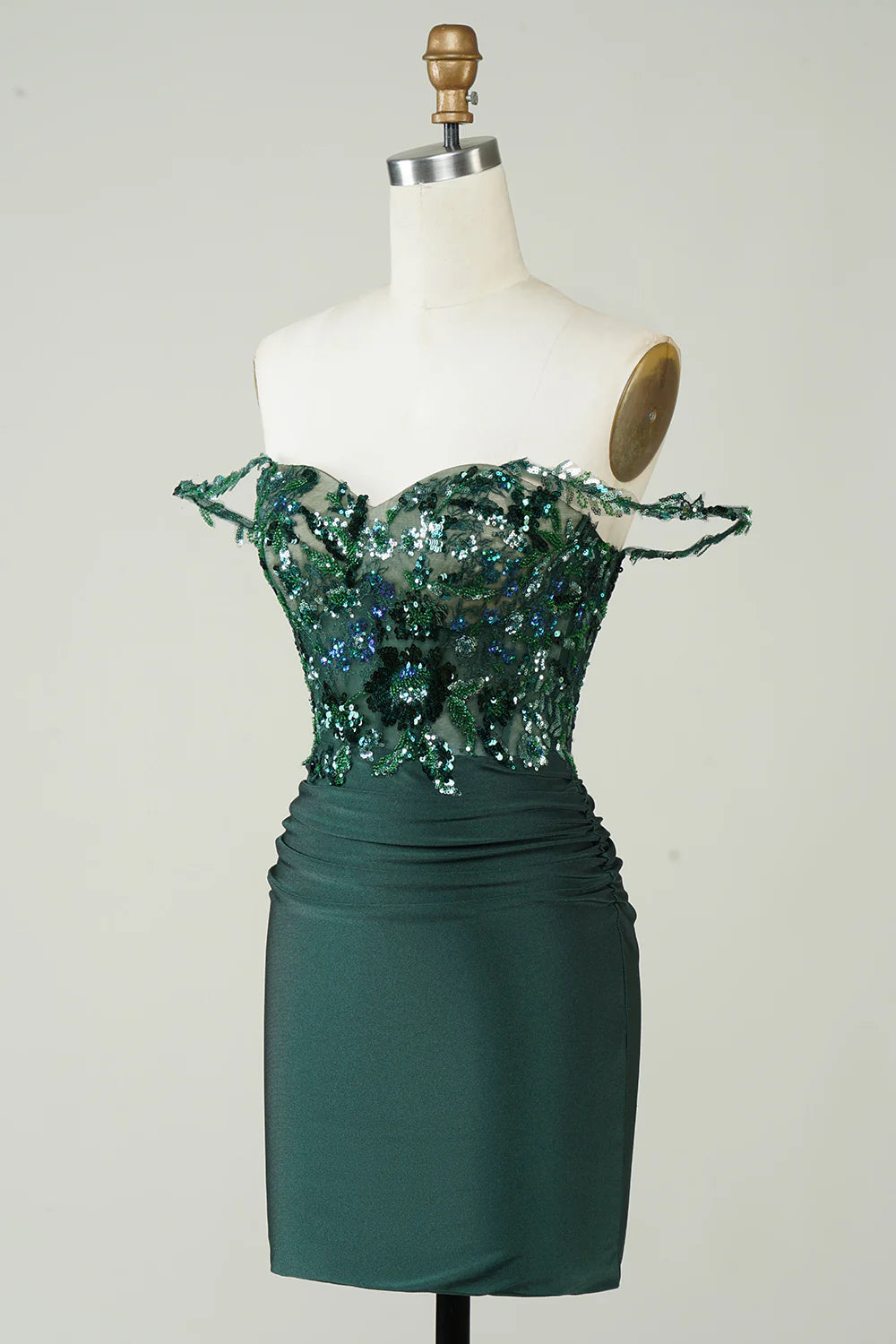 Unique Sheath Off the Shoulder Dark Green Short Homecoming Dress with Appliques